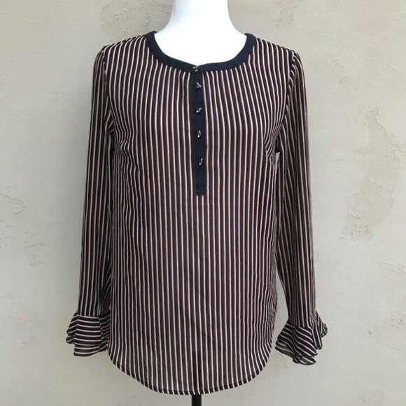 MODCLOTH Chiffon Blouse Size Medium Navy Blue Red Stripe Ruffle Trumpet Sleeves - Picture 2 of 7